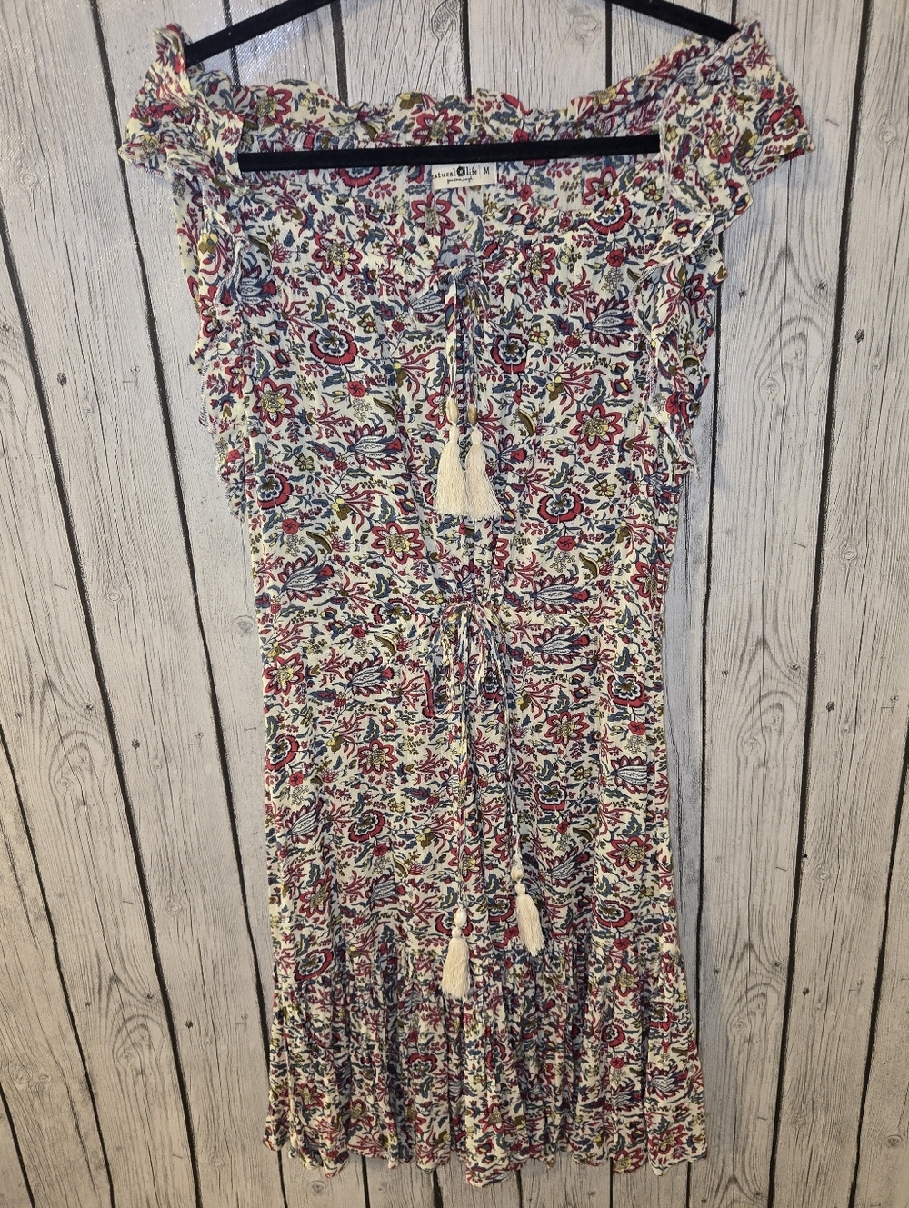Natural Life Floral Off Shoulder Boho Dress Size M Tassel Tie Peasant Midi